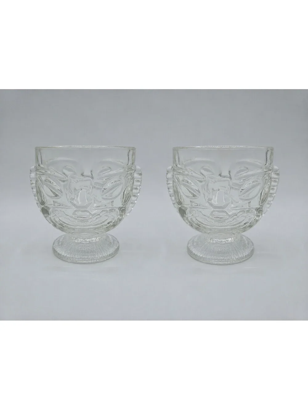 Vintage Indiana Glass Tiki Face Clear Footed Goblets Set of 2 Barware 1970s